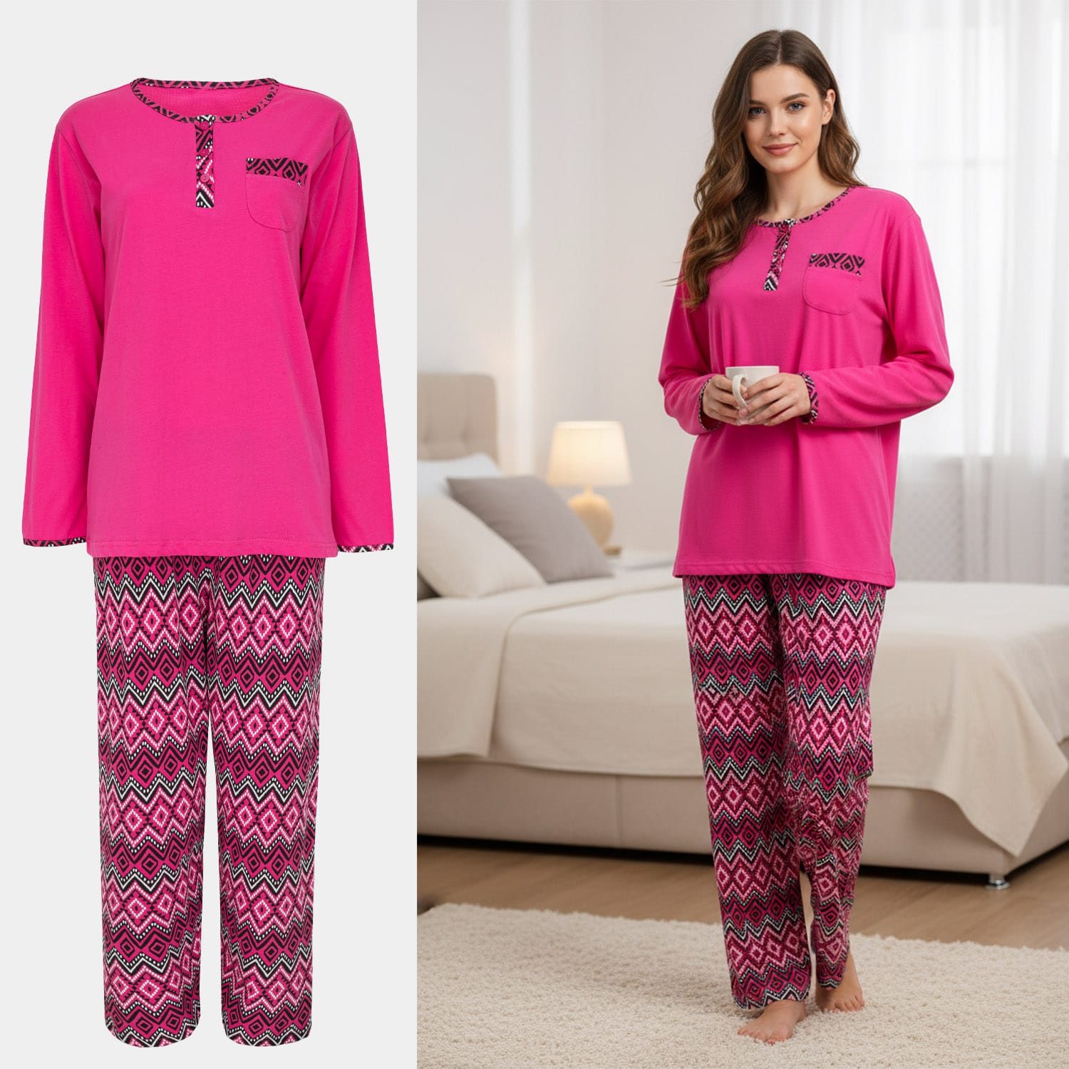 Produktowe zdjęcie piżamy zaprezentowanej następnie na wirtualnej modelce AI oraz aranżacji AI.