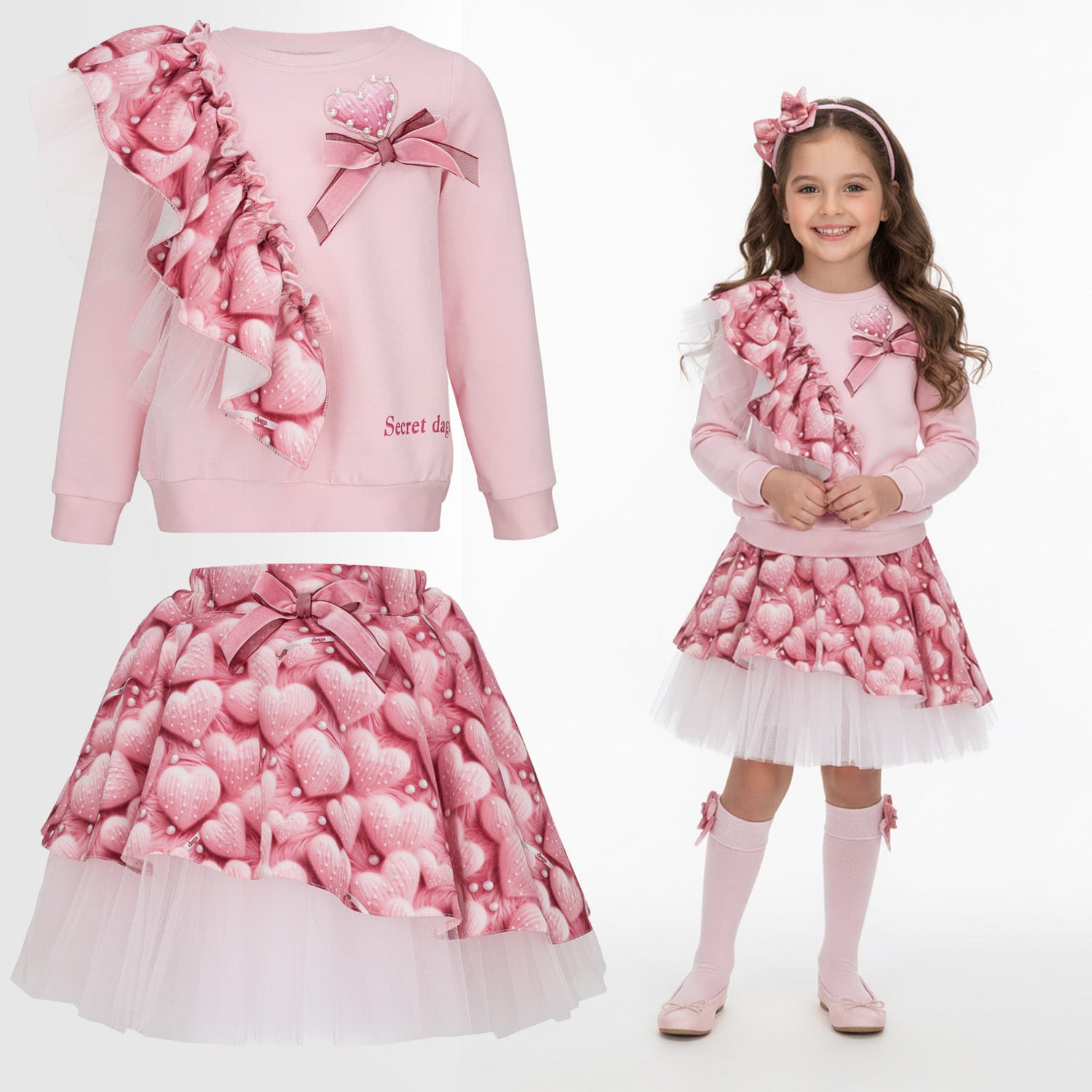 Produktowe zdjęcie ubrań dziecięcych zaprezentowanych następnie na wirtualnej modelce AI w wirtualnym studiu.